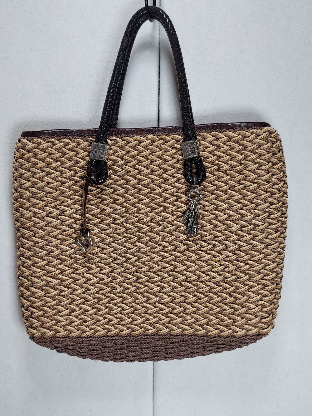 Brighton Rita Woven Jute Straw Tote Handbag Purse Silver Charms Paisley Lining